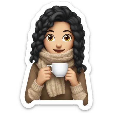 White girl black hair in a sweater and scarf sipping tea  sticker