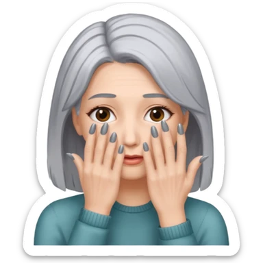woman with gray hair and hand covering face sticker