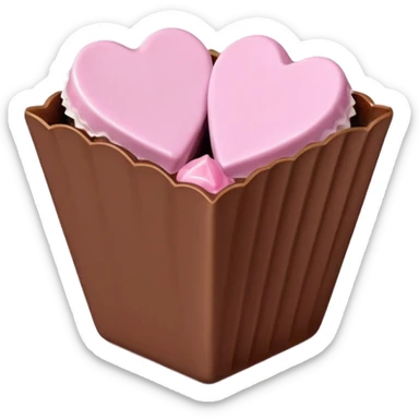 Two square milk chocolate , Each praline is a sharp-edged cube with smooth glossy chocolate coating, placed in a small white fluted paper candy cup. On top of each cube is a flat pastel pink heart-shaped icing sticker
