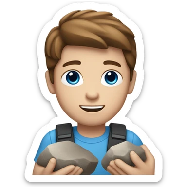 white boy with brown hair and blue eyes holding rocks sticker