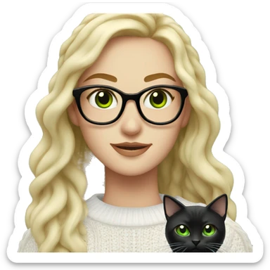 woman with green eyes and glasses with long wavy blonde hair in a white cable knit sweater holding a black cat with green eyes  sticker