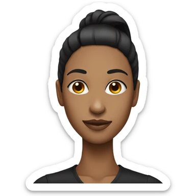 a woman with black long ponytail and a masculine face sticker