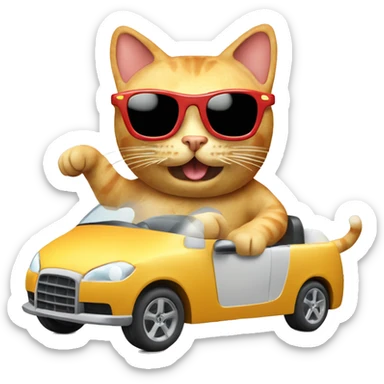 cat wearing sunglasses driving a car made completely out of a swiss cheese block and sausage wheels sticker