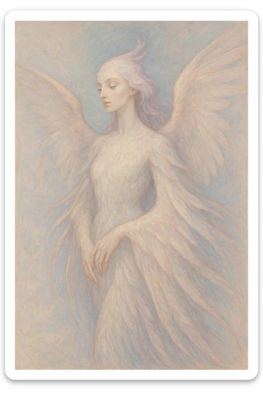 hybrid bird woman with mostly bird features, fantasy style, any bird species, soft pastel colors, graceful and ethereal, flowing feathers sticker