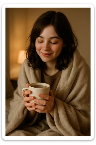 cute brunette girl wrapped in a blanket, drinking coffee, cozy and warm, soft lighting, gentle smile sticker