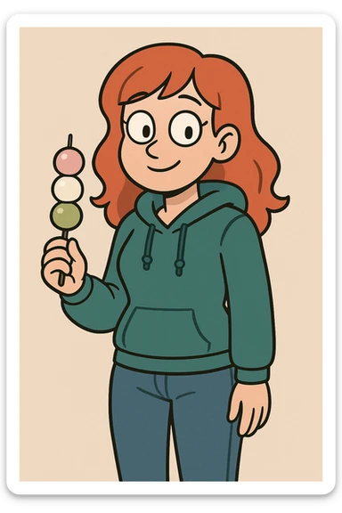 A girl red hair teal women's hoodie blue jeans Dango holding  sticker