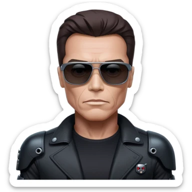 Schwarzenegger-like Terminator, upper body only, wearing his iconic clothes in black (all clothes must be black), looking human but with robotic details, and wearing dark sunglasses, hair must be dark
 sticker