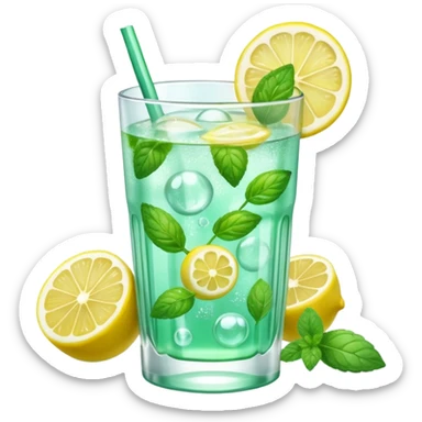 A 3D cartoon transparent glass with sparkling lemon mint drink, bubbles, mint leaves and lemon slice, clear ice, realistic condensation, Memoji-style detail. sticker