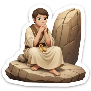 philosopher sitting on a rock in deep contemplation, chin resting on hand, wearing traditional ancient Greek robe, beige and brown tones only sticker