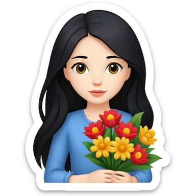 beautiful girl with long black hair holding a bouquet of flowers sticker