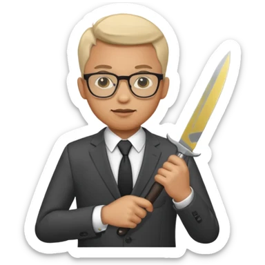 man with glasses wearing a suit and holding a knife sticker