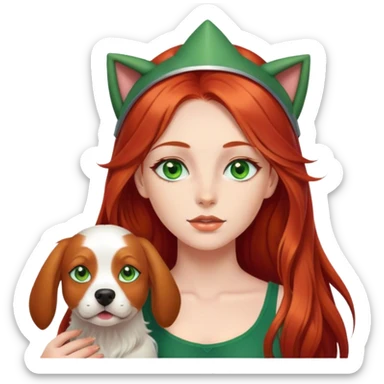 girl with long redhead with green eyes with the dog on the head  sticker
