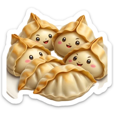 Gyoza Cinematic Realistic Gyoza Dish Emoji, depicted in a close-up view of 1 to 2 delicate dumplings with a crisp, golden exterior and savory filling, rendered with exquisite detail and dynamic lighting. sticker