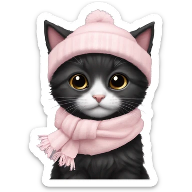 small fluffy black winter kitten with pale pink christmas hat and pale pink scarf ribbon sticker