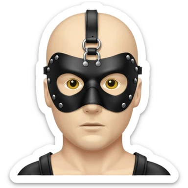 bdsm slave black leather fullhead mask, no metallic details on a white man, no gold, no metal, no yellow sticker