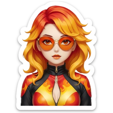 Beautiful gorgeous anime lady with beautiful fiery long warm-red-orange-yellow-gradient-wavy-special-hair, fashion aesthetic, black sunglasses, accessories, gold jewelries, red-and-yellow sunny-pattern-eyes, black latex-suit, biker-woman, cool, badass sticker