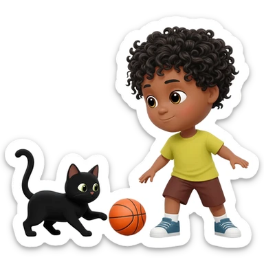 Black cat playing with orange basketball and a little boy with curly black hair sticker