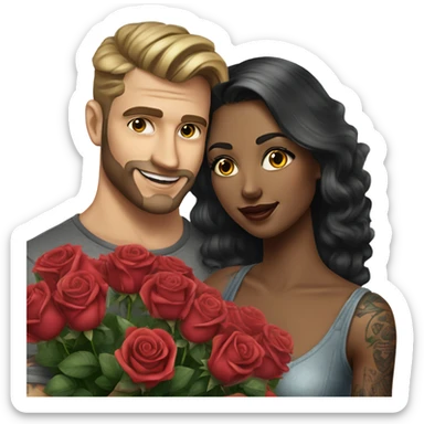 Hyper Realistic beautiful woman receiving a gift and a bouquet of roses from a handsome tattooed man  sticker