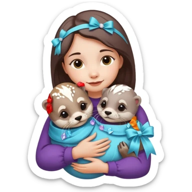 woman hugging baby otters with ribbons and crystals sticker