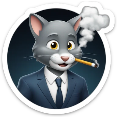 Tom from Tom and Jerry casually smoking a cigarette in a suit as a business man at night sticker