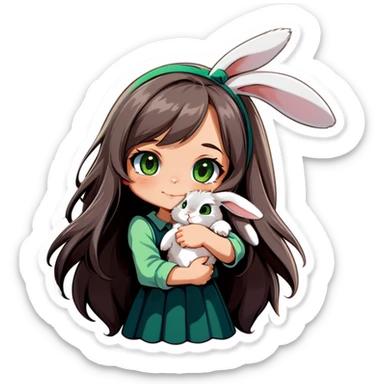 A grey, floppy eared bunny being held by a girl with long brown hair and green eyes. sticker