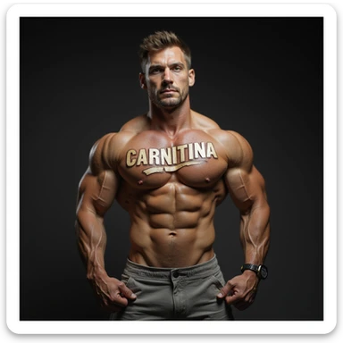 muscular bodybuilder, hyperrealistic photographic style, showing a vial with a label 'CARNITINA' in large block letters sticker
