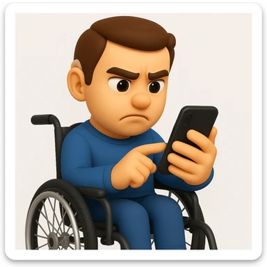 Add a modern wheelchair, keeping the man in the same 3D emoji style and pose, with the hearing aid still visible. sticker