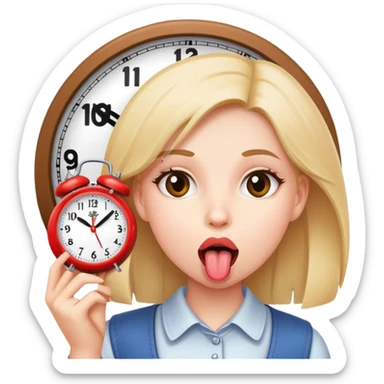 A girl with her tongue out with a clock in her hand sticker