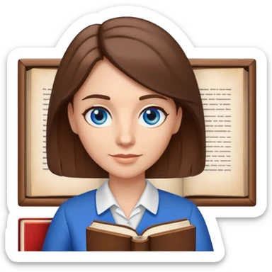 A teacher with blue eyes and brown hair, in a clip with a book in her hand sticker