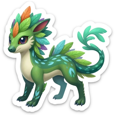  Tropical feathery shamanic cultural Greenish beautiful handsome gorgeous aesthetic colorful vibrant Vernid-Trico-species-Fakemon-creature by LiLaiRa, 4 legs, 1 tail, random markings, (full body) sticker