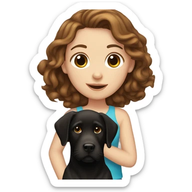 White girl with wavy brown hair holding a black Labrador sticker