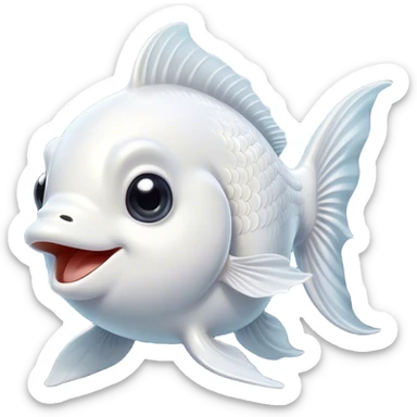 Cinematic Comical White Goldfish Portrait Emoji, Head tilted dramatically with an exaggeratedly amused expression, featuring a striking, glossy pure white body with elegantly fluttering fins, wide, expressive pale eyes filled with playful disbelief, Simplified yet hilariously expressive features, highly detailed, glowing with a slightly sassy glow, high shine, dramatic yet playful, stylized with an air of cheeky mischief, bright and endearing, soft glowing outline, capturing the essence of a spirited and over-the-top goldfish, so meme-worthy it feels like it could side-eye its way into internet fame instantly! sticker