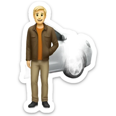 White man waiting near a car sticker