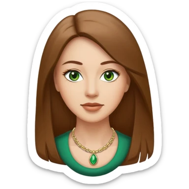 Adult woman avatar, light skin tone, oval face, straight long brown hair, green eyes, neutral mouth, elegant  sticker