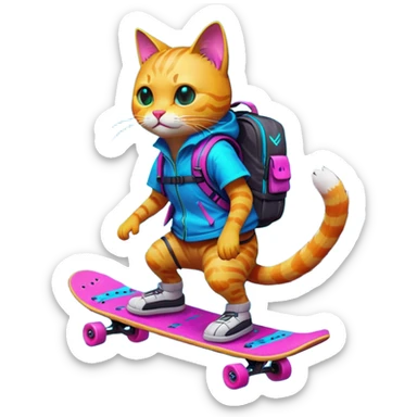A neon-lit cyberpunk cat riding a floating skateboard, wearing a bold bright neon backpack through a rain-cinematic lighting, 8K sticker