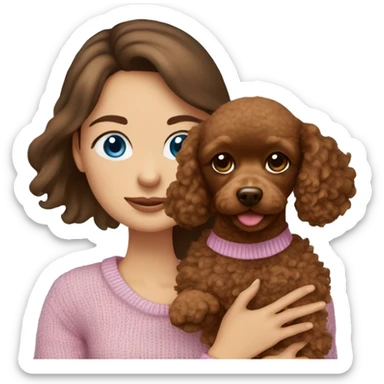 Pretty blue eyed tan girl with brown hair in a pink sweater holding a brown sweet toy poodle sticker