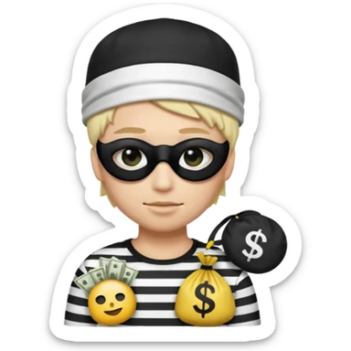 Realistic ios emoji-style portrait of a classic burglar, a black eye mask and a black-and-white striped shirt. emoji-like hair, black hat, a bag of money 💰 with a dollar sign in a right corner, mean expression  sticker
