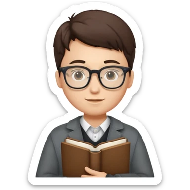 A student wearing glasses, hold book in front of their chest sticker