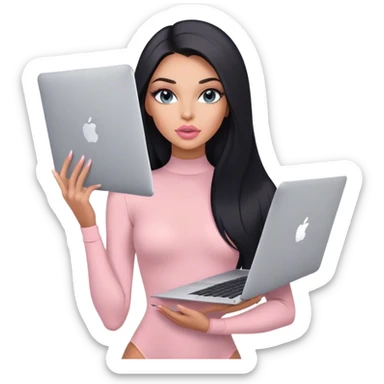 Glamours, tanned, very beautiful girl, with big pump peach-beige-rose lips, long lashes, black straight smooth silky long hair, straight parting hair, blue-grey eyes, in light-pink bodysuit holding MacBook sticker