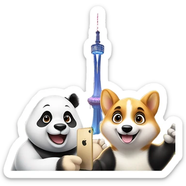 A panda and a corgi are taking a selfie with their iPhones, the faces of the panda and the corgi are facing the camera, and in the background is the 339th TV tower in Chengdu. sticker