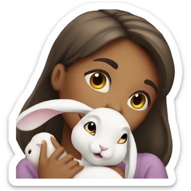 brunnete girl holding a white bunny sticker