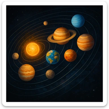 Depict the eight planets of the solar system arranged in orbit with vibrant colors, set against a darker space background. sticker