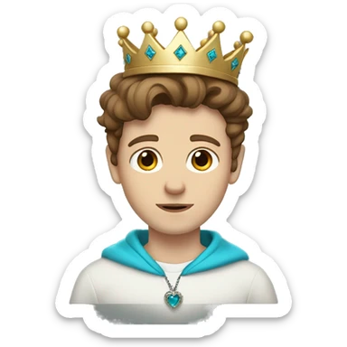 White boy, with brown hair and brown eyes. He wears a white sweatshirt with a cyan heart in the right corner. He has a crooked royal crown.  sticker