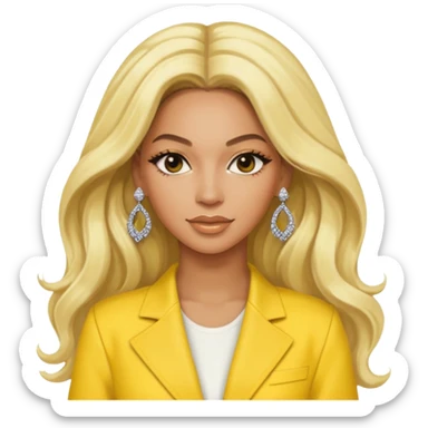 Beyonce with long platinum blonde hair, yellow outfit and earring sticker