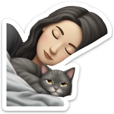 White Girl dark hair sleeping with grey cat sticker