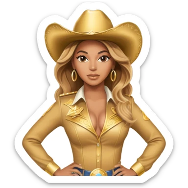Beyonce with a gold outfit and gold cowboy hat holding a stadium sticker