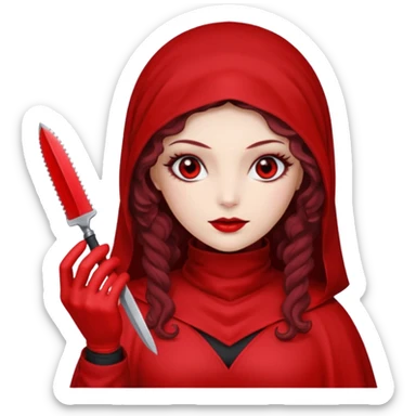 Lilith scalpel in hand, evil surgeon outfit.  She has red eyes. She has dark brown curly hair. Hair is long . Wears sexy doctor outfit with red gloves. Clears, mouth with Muslim red burka sticker