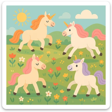 sunlit meadow with unicorns and wildflowers, pastel fantasy style sticker