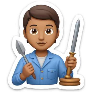 Apple Memoji-style 3D emoji of a sculptor with a small statue and chisel, smooth gradients, rounded edges, no background.during sculpting sticker