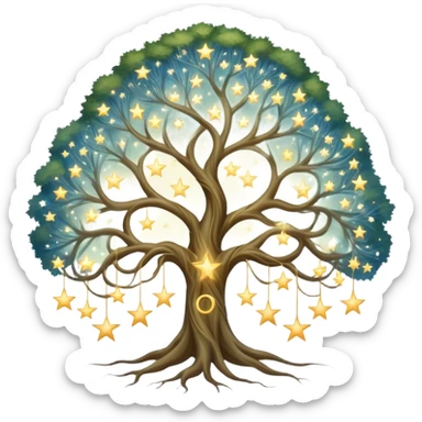 Celestial family tree with star-like portraits connected by flowing gossamer branches, ethereal ancestral connections sticker